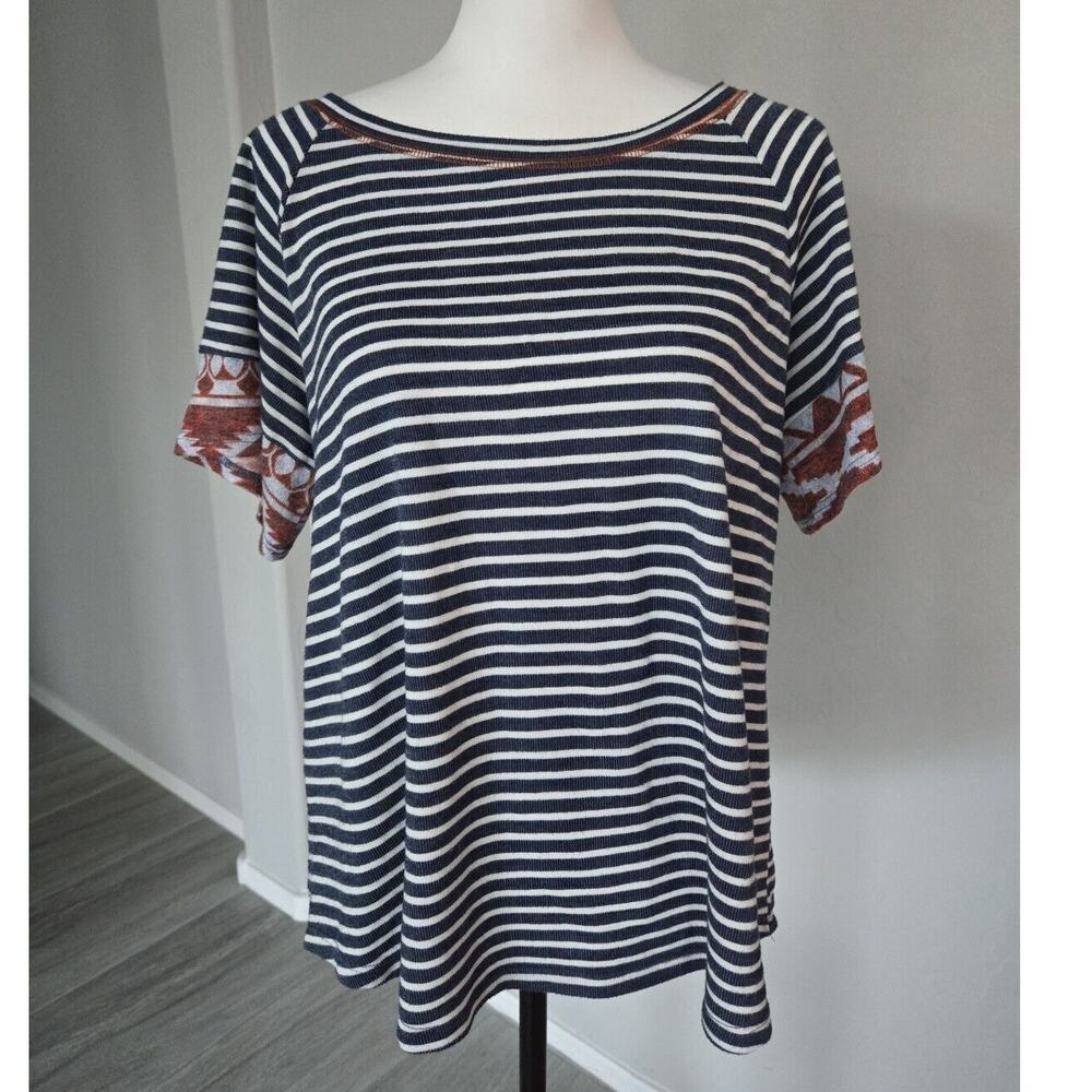 Oddy Womens Striped Aztec Mixed Media Boho Blouse Top Short French Terry Sz L